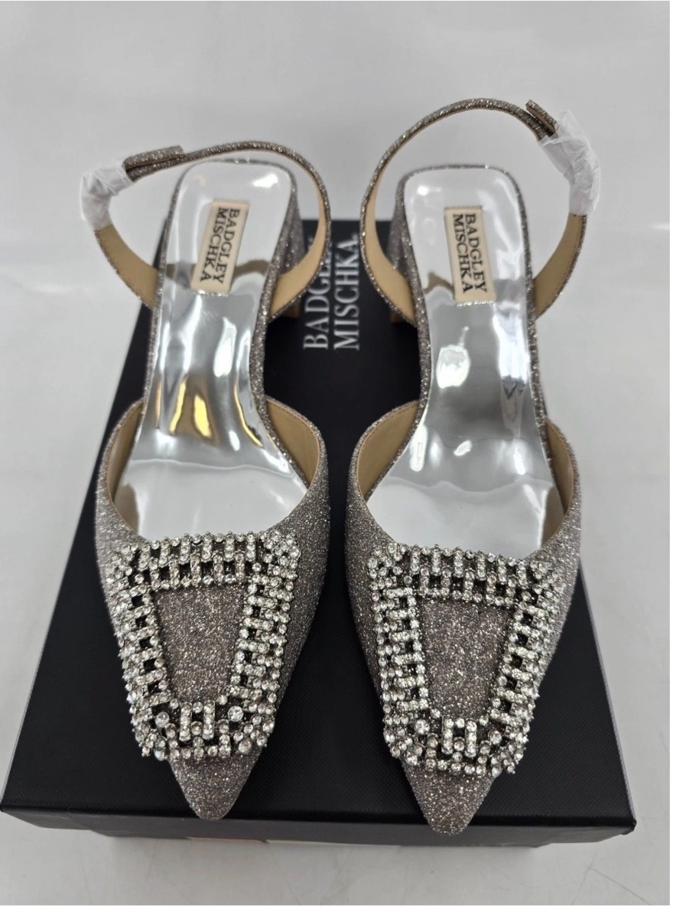 Badgley Mischka Silver Glitter Crystal-Embellished Pointed Slingbacks